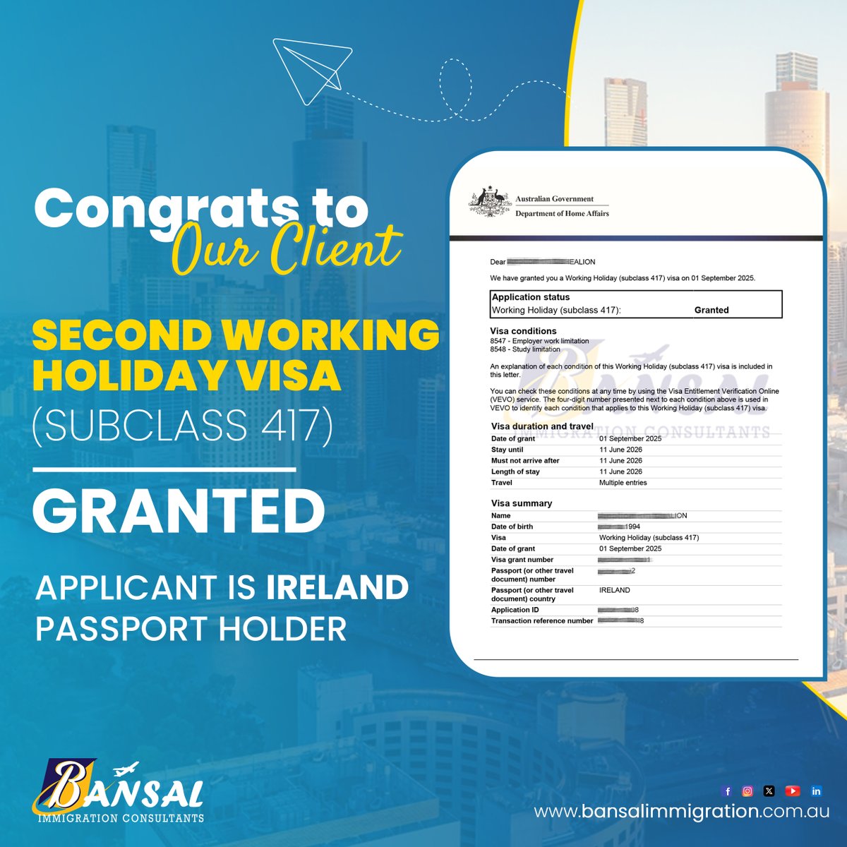 Bansalimmi's tweet image. 🎉 Another Success Story!
We are thrilled to announce that our client has received their Second Working Holiday Visa (Subclass 417) Approval!

🌍 Applicant Nationality: Ireland 🇮🇪

#WorkingHolidayVisa #Subclass417 #AustraliaVisa #VisaGranted #BansalImmigration