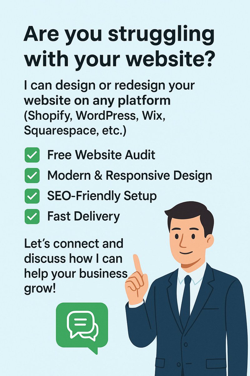 SaimaSadiq18's tweet image. Are you struggling with your website?
I can design or redesign your website on any platform (Shopify, WordPress, Wix, Squarespace, etc.).

✅ Free Website Audit
✅ Modern &amp;amp; Responsive Design
✅ SEO-Friendly Setup
✅ Fast Delivery

Let’s connect and discuss.