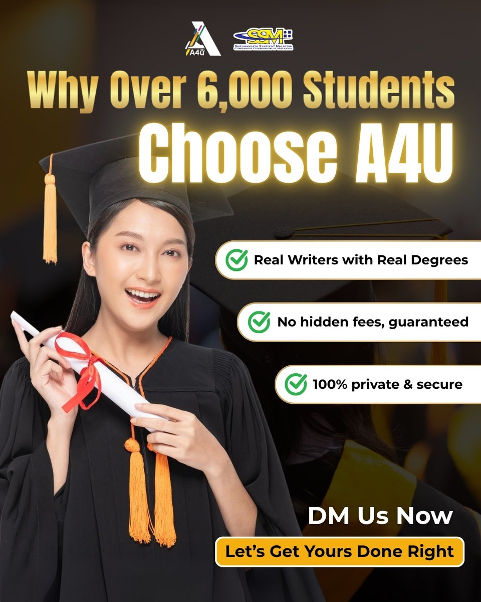 assignment4u_'s tweet image. 🔥 Trusted by 6,000+ Students Across Malaysia 🔥

Not hype, just results. Here’s why students stick with us:
✔️ Real grads, not bots
✔️ 100% private &amp;amp; secure
✔️ Clear pricing, no hidden fees

📩 DM anytime, we don’t just finish assignments, we build futures.

#AssignmentHelp…
