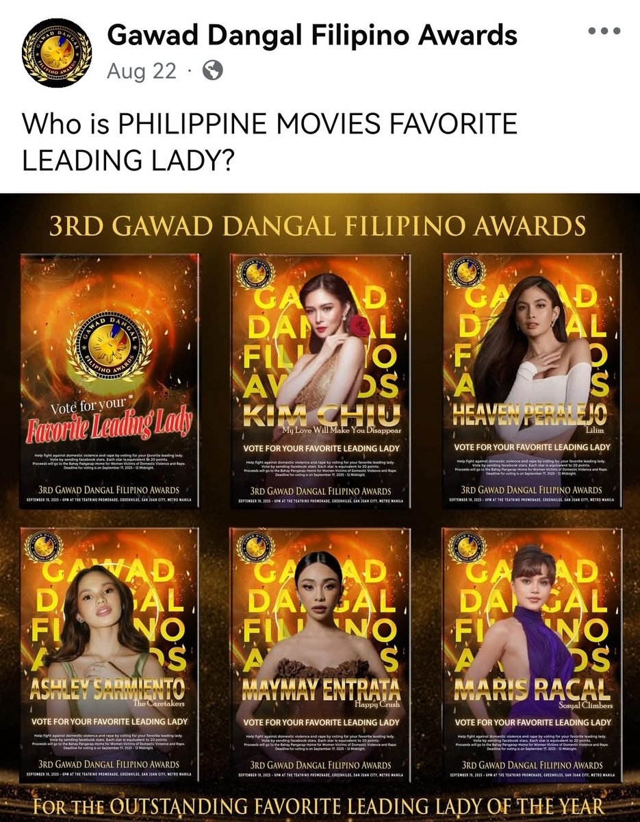 on_maydon's tweet photo. kasama pala sa nominees si #MaymayEntrata sa 3rd GAWAD DANGAL FILIPINO AWARDS. Nangunguna sa voting si Ms Kim Chiu, until midnight ng Sept 17.  Sept 19 naman and awards night.

Category : Favorite Leading Lady 

Boto na kayo guys! Visit nyo nalang yung page https://t.co/4XTi42ykS0