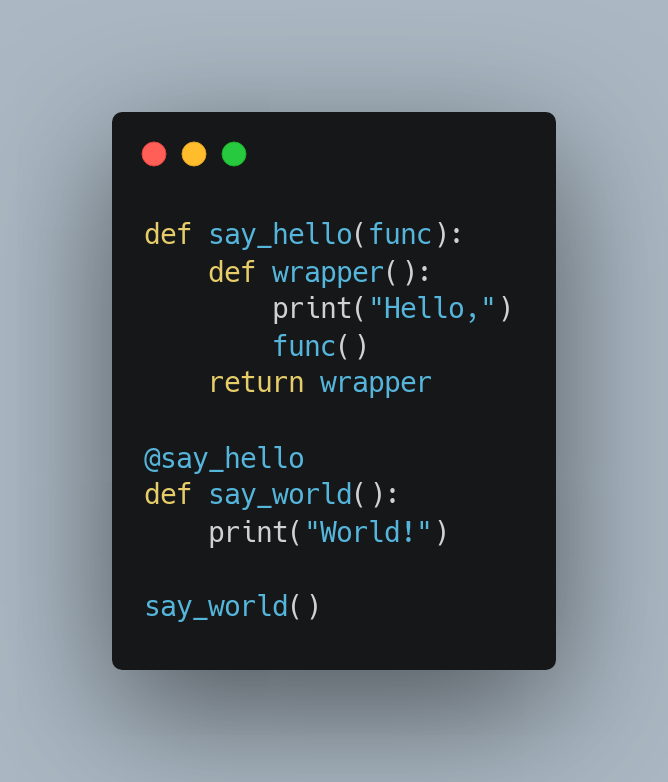 PythonHQ's tweet image. 🔎 Looking to reduce redundancy in your code? Try Python decorators—a powerful tool for modifying the behavior of your functions!
Think of them as a wrapper, enabling you to add extra functionality to an existing object without altering its structure.
Here's a simple example:
