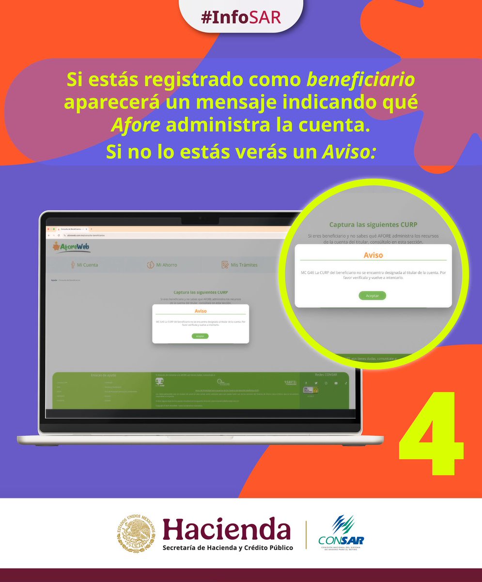 CONSAR_mx's tweet photo. ⚠️ ¡Ojo!

En 💻#AforeWeb solo se muestran a los beneficiarios  designados. 

Para conocer a los beneficiarios legales 👥, deberás acudir al instituto de seguridad social que corresponda.

#InfoSAR https://t.co/DxQ6cmRANF