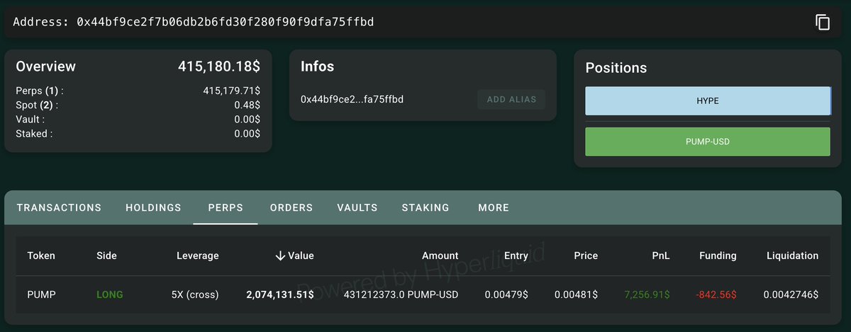 Third wallet's $PUMP position details