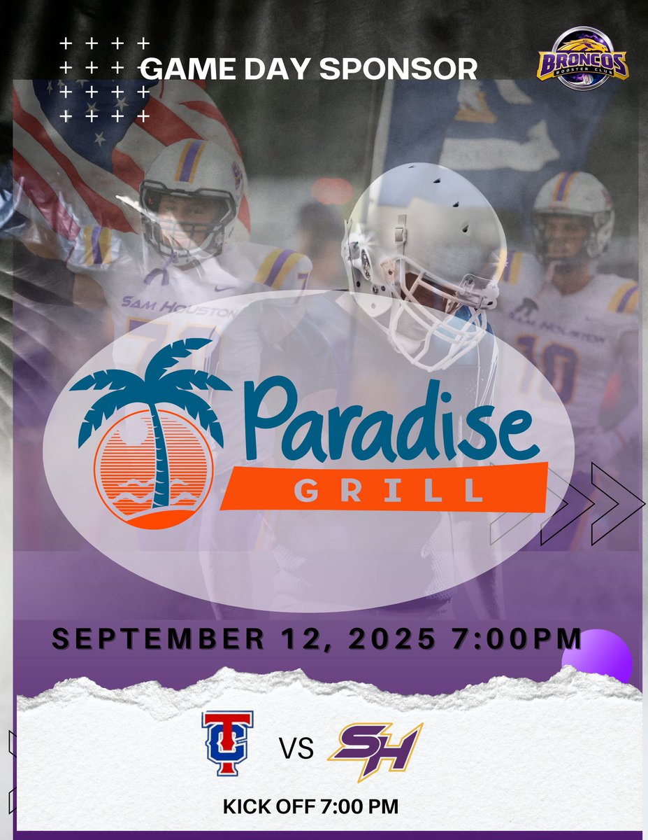 BigSam_FB's tweet photo. Paradise Grill &amp; Daiquiris Moss Bluff  is this week’s Game Day Sponsor!  Their support helps keep our Broncos strong!
👉 Be sure to show Paradise Grill some love—stop by, grab a bite, and thank them for supporting our team and community. https://t.co/bg9hwVugXG