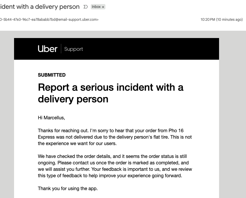 MarcellusEasley's tweet photo. It's been over FOUR hours so its CLEAR that the driver has no intention of cancelling the order. I reached out to custoemr service so THEY could do it, but all they say is the "driver has to cancel"??? He picked up my food THEN got a flat tire??? Just give me my refund. https://t.co/EuAGQY2sgO