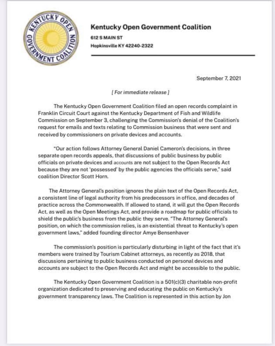 KY Supreme Court will hear long awaited oral arguments in the public records dispute that will decide whether communications concerning public business conducted on public officials’ private devices/accounts are subject to KORA at 10 am on 9/10 at Centre College’s Newlin Hall.