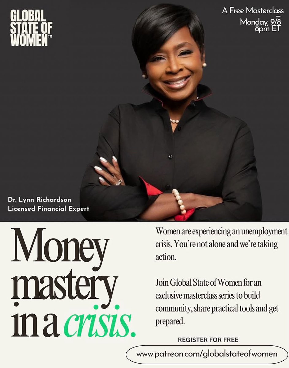 NewWealthU's tweet photo. STAY READY 💚
—
Global State of Women is launching a free Masterclass Series. 

Join us on Monday with licensed financial expert @lynnrichardson to discuss MONEY MASTERING IN A CRISIS. 

💚 Register FREE today 
🔗 https://t.co/yQFfwQS9V9 https://t.co/EhX6i1zntO