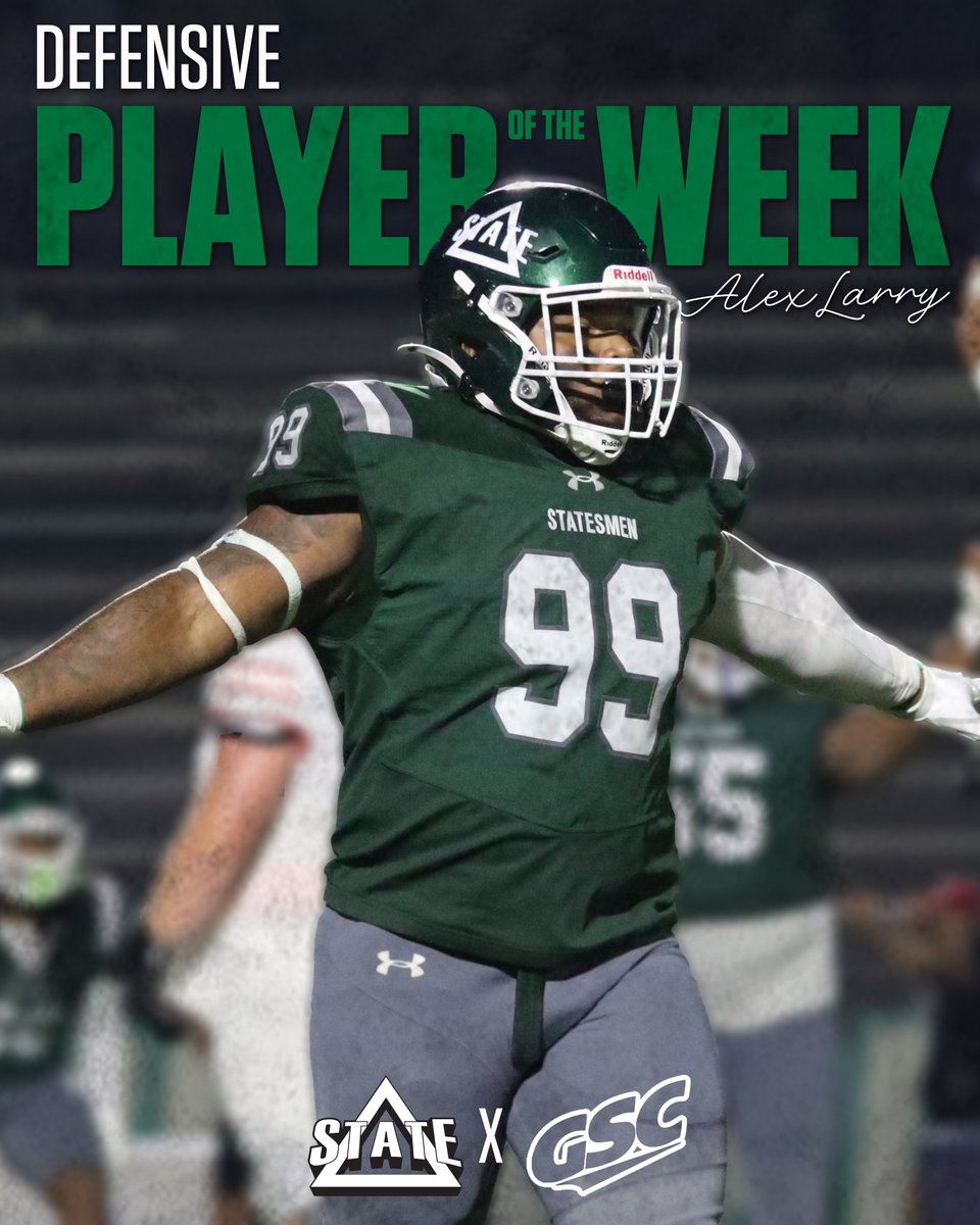 Alex Larry 🤝 Defensive Player of the Week

Larry recorded 9 total tackles in our win over North Greenville, adding 2.5 sacks and a forced fumble.