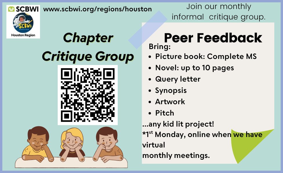 SCBWIHouston's tweet image. Struggling with your story? Join SCBWI Houston on September 8!

Critique Group – 5:30 PM CST
Share your work and get feedback.
Monthly Meeting – 6:30 PM CST
Award-winning author Valerie Bolling helps you beat writer’s block and spark creativity.
#WritingCommunit #author