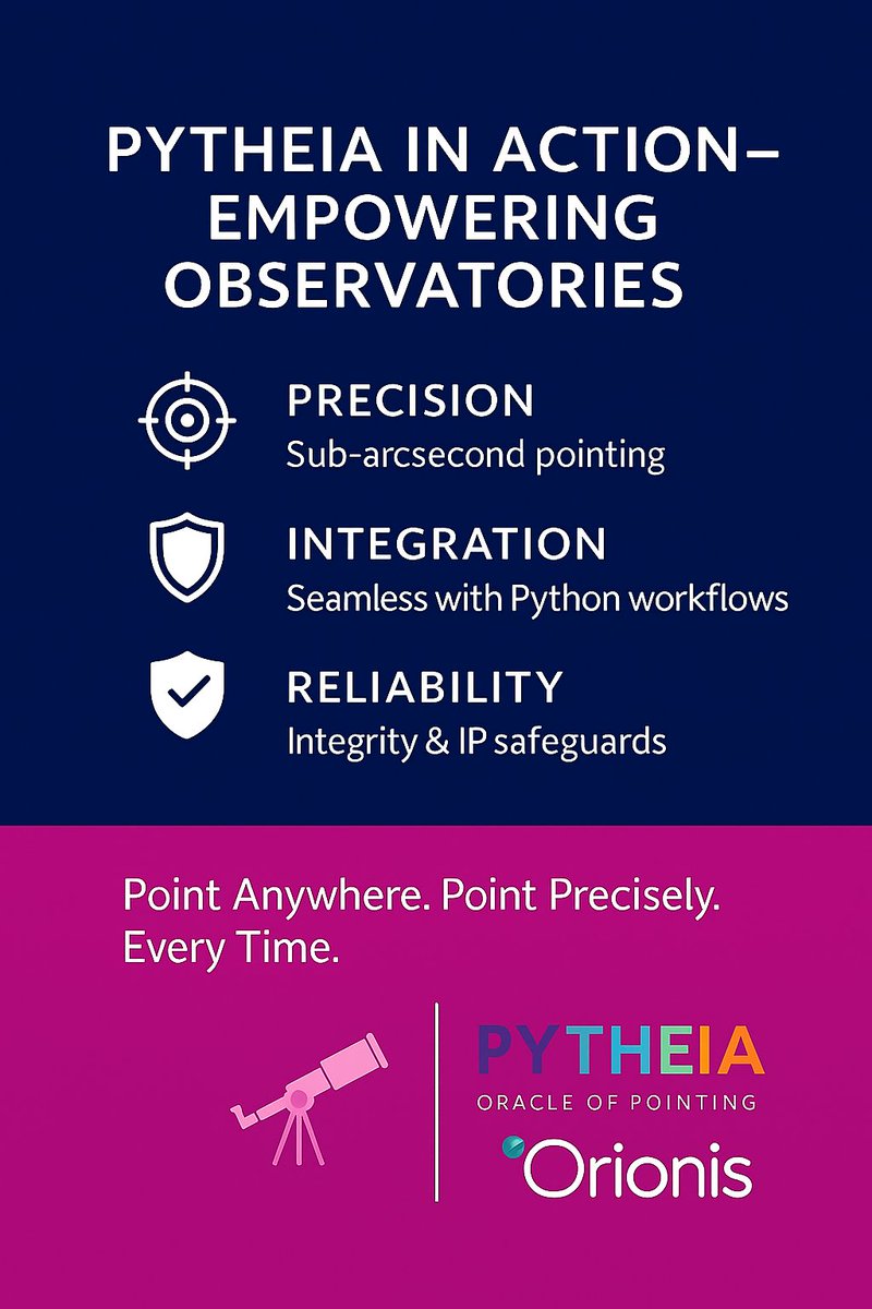 orionis_usa's tweet photo. 🔭 Pytheia in Action

🎯 Sub-arcsecond pointing precision
⚙️ Seamless Python integration
🛡️ Integrity + IP safeguards

Built for observatories, researchers &amp; enthusiasts worldwide.

👉 https://t.co/oJAJLNxILb

#Pytheia #Astronomy #Innovation https://t.co/DfaQhbyQY3