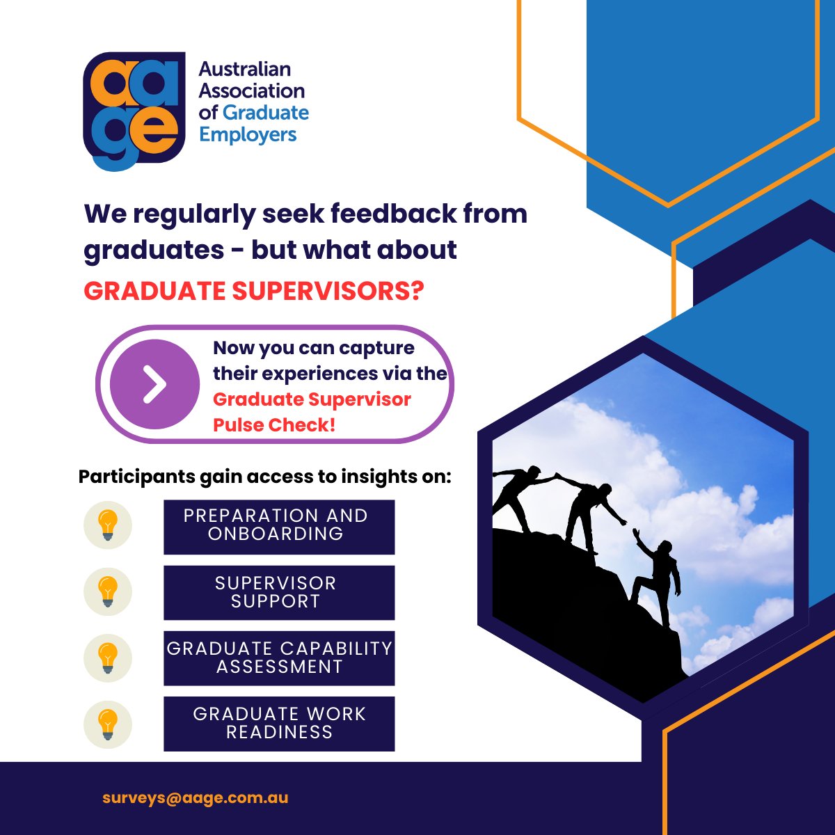 We regularly hear from graduates, but what about their supervisors? AAGE Employer Members, participate now in the NEW Graduate Supervisor Pulse Check Survey! Let’s make sure we’re considering the perspectives of those guiding our future talent.

#GraduateRecruitment #EarlyCareers