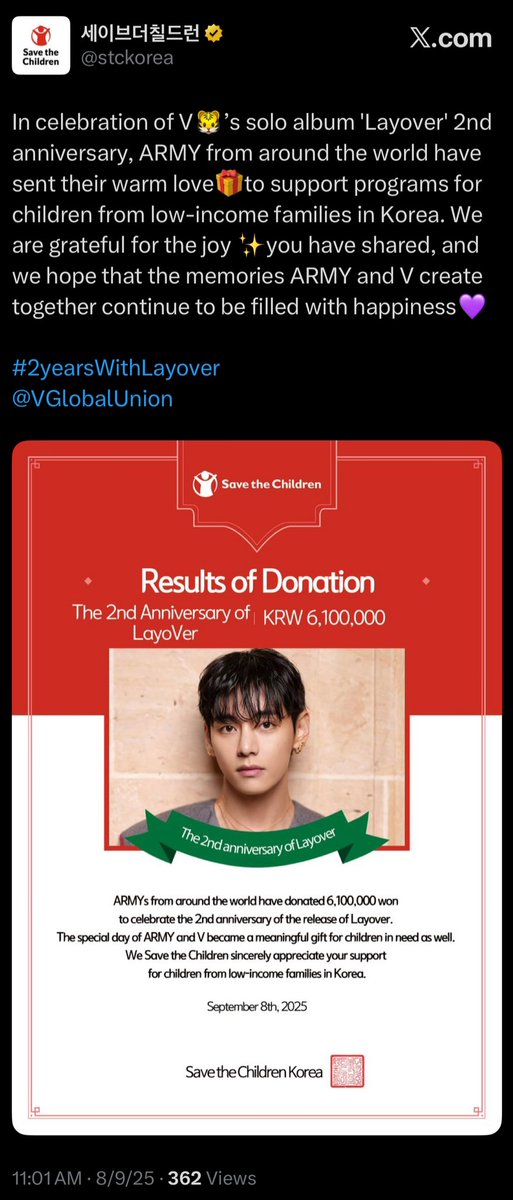 Fans have raised 6,100,000 won to support children in need from low income families in Korea.

Thank you to Save the Children org for your meaningful work, to VUnion and fanbases for organizing the project and fans all around the world who donated.

#2YearsWithLayoVer
