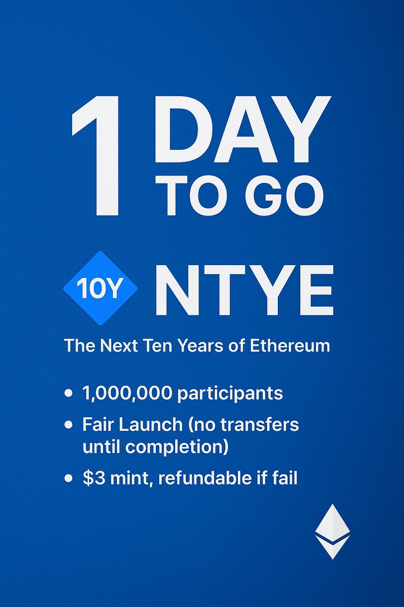 NextTYETH's tweet photo. ⏳ The wait is over.  
NTYE goes live tomorrow.  

• 1,000,000 participants  
• Fair Launch (no transfers until completion)  
• $3 mint, refundable if fail  
• 100% ETH → Uniswap LP on success  

#NTYE #memecoin #Ethereum https://t.co/HBAeam0kX8