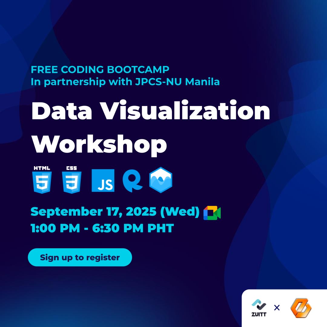 zuittco's tweet image. Perfect for beginners, we will teach you the fundamentals of turning data into powerful visuals.
➡ Ready to get started? Register here: codenow.zuitt.co/Sept17_DataViz…
#Zuitt #FreeCodingBootcamp #data #datavisualization #careershift #coding #programming #FREE #freeevent #onlineevent