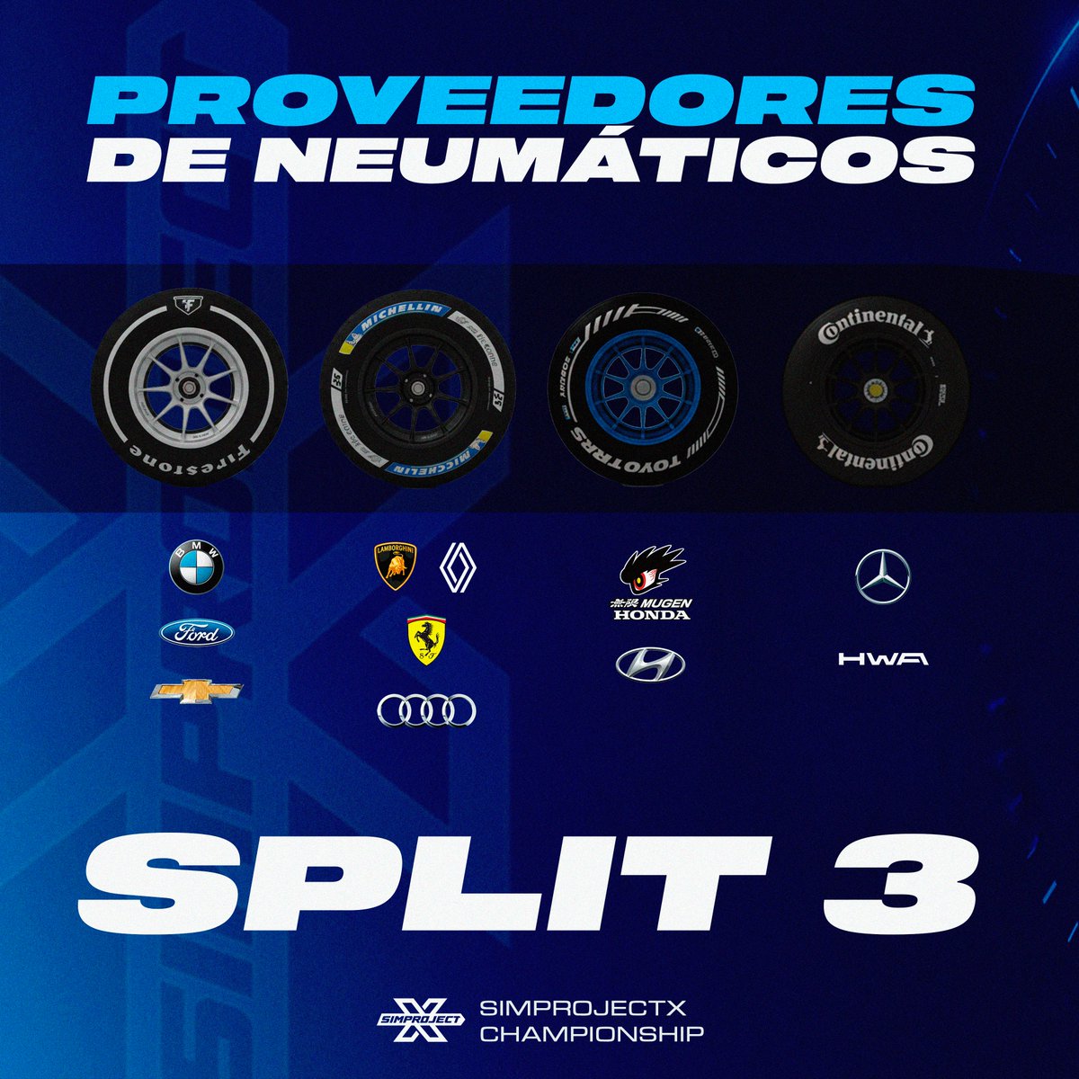 SimProjectX (@simprojectx) on Twitter photo ๐Ya estรกn aquรญ los 4โฃ PROVEEDORES DE NEUMรTICOS para el TERCER SPLIT:
๐ฅ Firestone <a href="/FordCebolleros/">Ford CebollerosTeam RB</a> <a href="/chevydisaronno/">Chevrolet Winston SimProjectX</a>
๐ฆ Michelin <a href="/LamborghiniSimX/">Lamborghini Martini SC</a> <a href="/FerrariSimX/">Scuderia Ferrari SimProjectX</a> <a href="/PrimeAudiSimx/">Audi SimX</a> <a href="/Renault_SimX/">Escuderia Renault</a>
โฌ Toyo Tires <a href="/MUGENHonda_SimX/">็ก้ MUGEN HONDA</a>
๐จ Continental <a href="/MercedesAMGSimX/">Mercedes-AMG PETRONAS SimProjectX Team</a> <a href="/HWASimX/">HWA Racelab SimProjectX Team</a>
#SimProjectX ๐Ya estรกn aquรญ los 4โฃ PROVEEDORES DE NEUMรTICOS para el TERCER SPLIT:
๐ฅ Firestone <a href="/FordCebolleros/">Ford CebollerosTeam RB</a> <a href="/chevydisaronno/">Chevrolet Winston SimProjectX</a>
๐ฆ Michelin <a href="/LamborghiniSimX/">Lamborghini Martini SC</a> <a href="/FerrariSimX/">Scuderia Ferrari SimProjectX</a> <a href="/PrimeAudiSimx/">Audi SimX</a> <a href="/Renault_SimX/">Escuderia Renault</a>
โฌ Toyo Tires <a href="/MUGENHonda_SimX/">็ก้ MUGEN HONDA</a>
๐จ Continental <a href="/MercedesAMGSimX/">Mercedes-AMG PETRONAS SimProjectX Team</a> <a href="/HWASimX/">HWA Racelab SimProjectX Team</a>
#SimProjectX