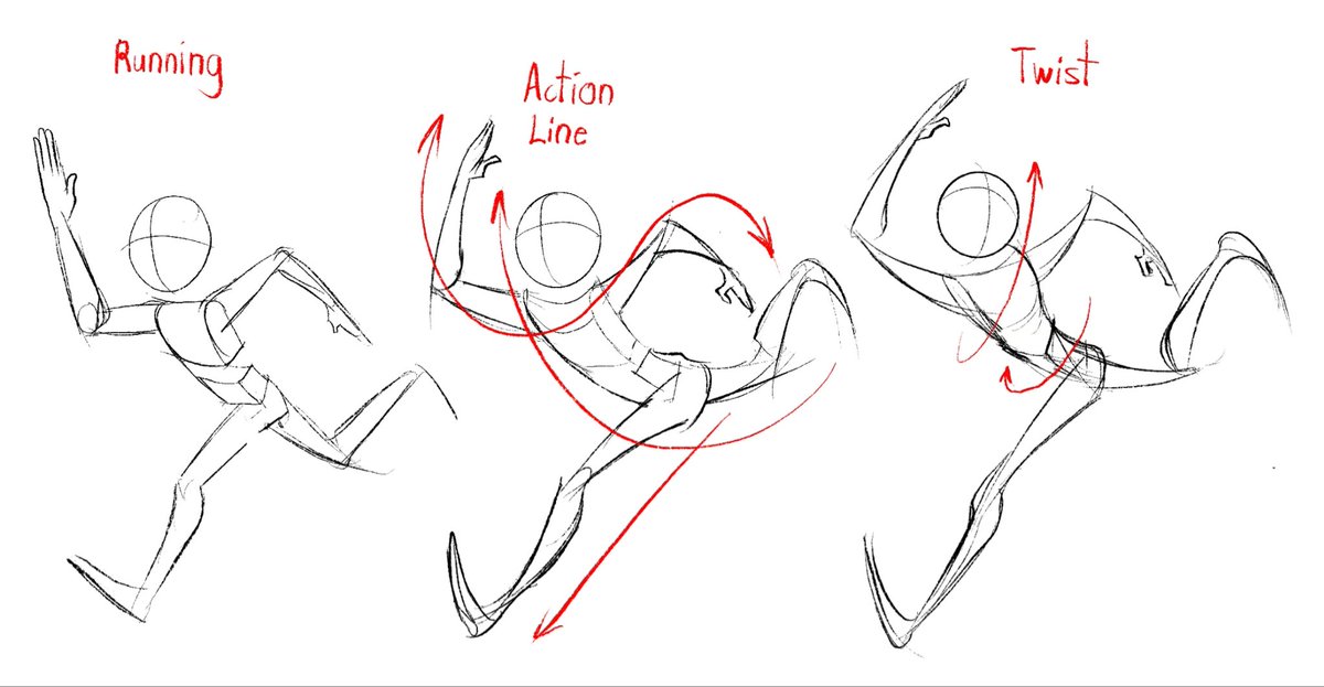 Here’s another example. You could have multiple action lines in a pose, be it straight, C-curve, or S-curve. The one with the action lines only is good but IF YOU WANT to take it further, you could twist it. Right now I’m treating them like extremes in animation frames (1/4)