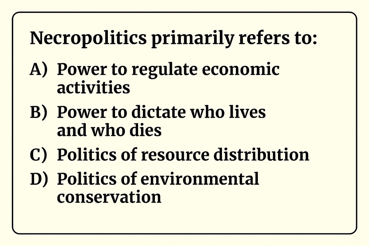 Competitive Exams (@cematerial) on Twitter photo General Knowledge๐๐๐:
Necropolitics primarily refers to:
#Generalknowledge  #UPSC #SSC #RRB #CompetitiveExams General Knowledge๐๐๐:
Necropolitics primarily refers to:
#Generalknowledge  #UPSC #SSC #RRB #CompetitiveExams