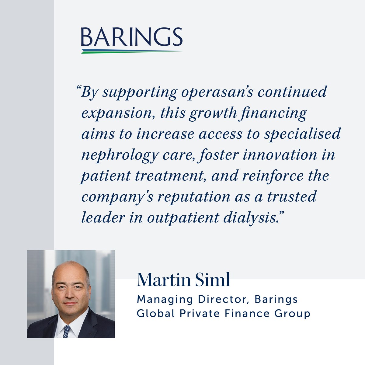 Barings today announced its role as sole lender of secured credit facilities providing growth financing to operasan, a leading outpatient dialysis provider. 

Learn more: ow.ly/NcMC50WRbYV