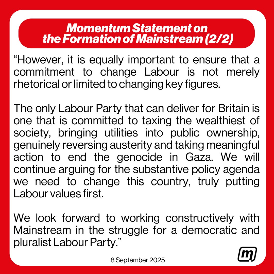 PeoplesMomentum's tweet photo. "It is incumbent on all of us in Labour who want to change this situation to work together." 

Our statement on the formation of Mainstream: a new network committed to putting equity and justice at the heart of Labour. 🔽 https://t.co/0RIXqftKtn