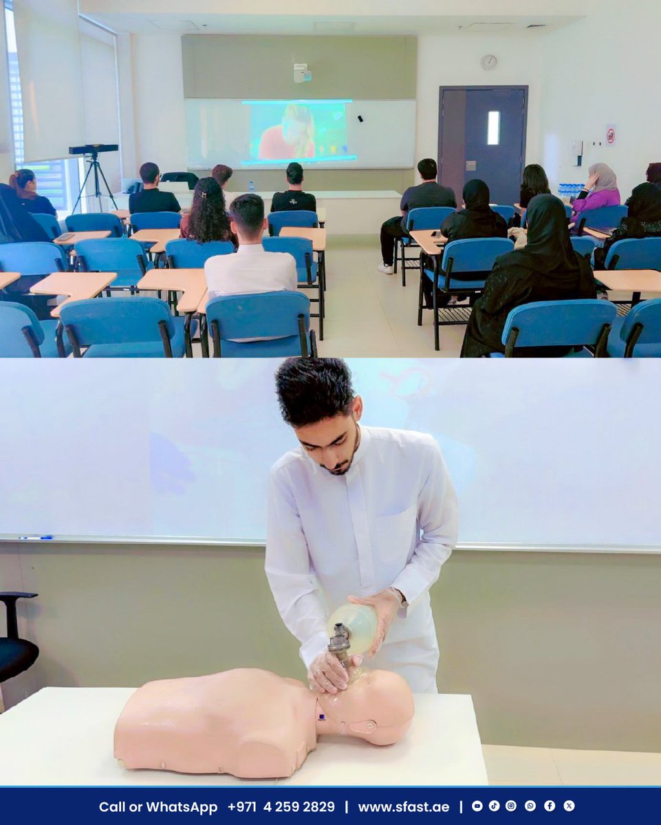 save_fast's tweet image. Ajman University students gaining life-saving skills through ASHI-approved BLS Training with SaveFast.

Call/WhatsApp: +971 4 259 2829 | sfast.ae

#SaveFast #BLSTraining #AjmanUniversity #SafetyFirst