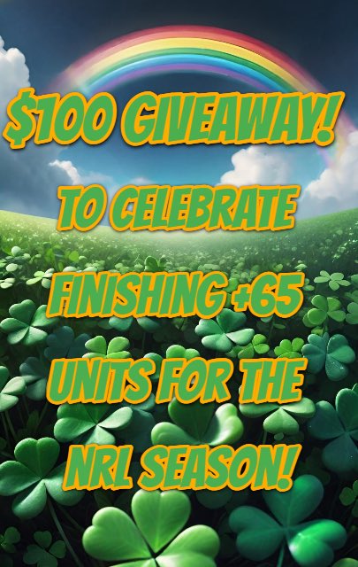 To celebrate finishing the NRL season +65 units it’s time to give back!

$100 giveaway, to enter you must be following this page, like and retweet this post. 
Then join the free discord and press enter in the “giveaway section”.