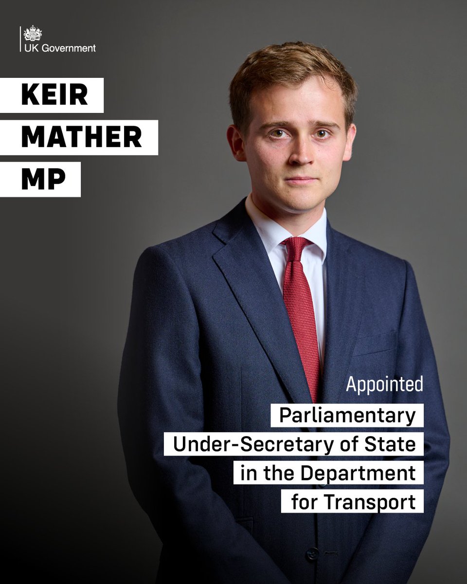 transportgovuk's tweet image. Keir Mather MP (@Mather_Keir) has been appointed as Parliamentary Under-Secretary of State in the Department for Transport.