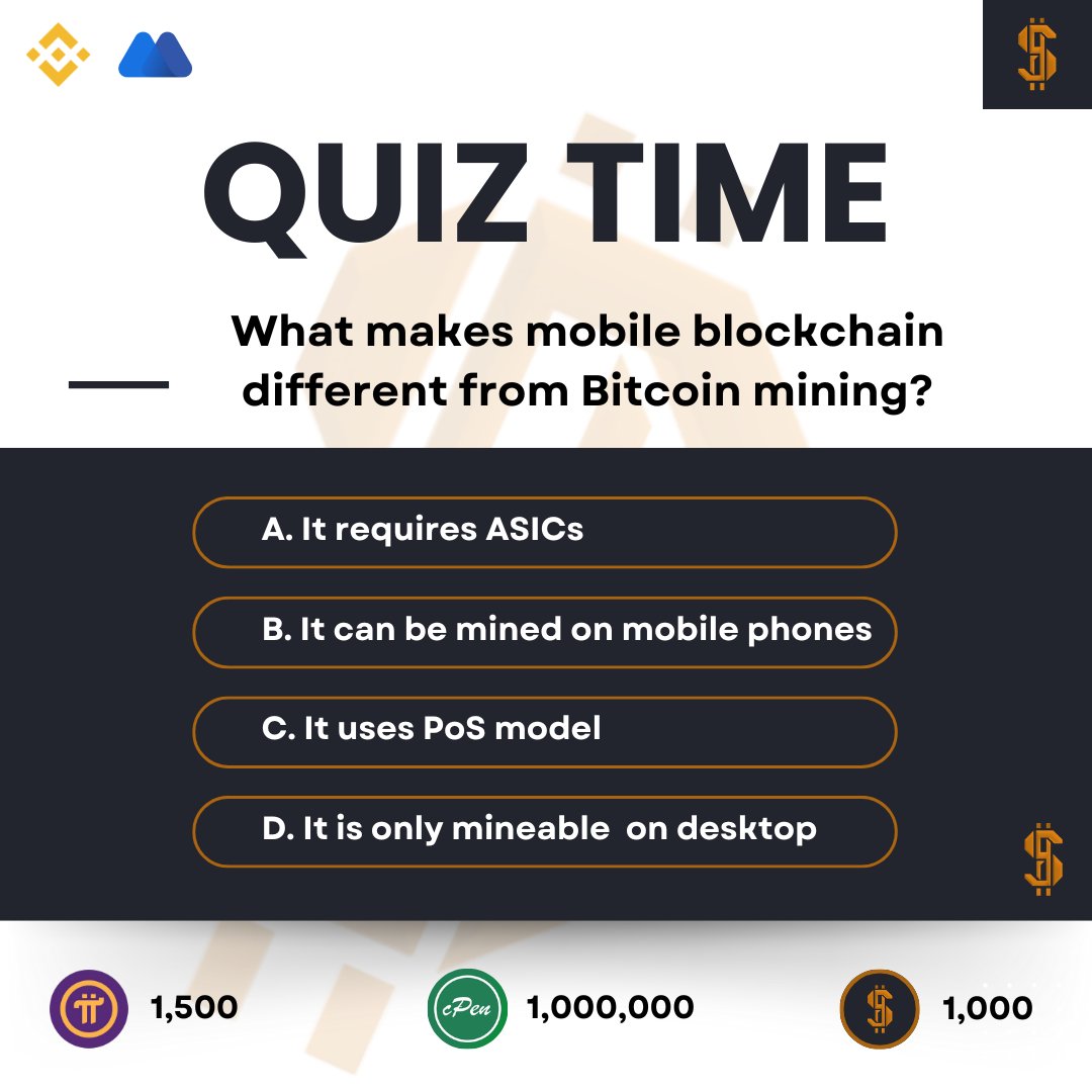 swapfone's tweet image. 📝It&apos;s Quiz Time, miners!

Show your crypto knowledge and win 10x1M $CPEN, 5x1,500 $PI and 1x1,000 $USDS!

Question: What makes mobile blockchain different from Bitcoin mining? 

Here’s how to enter:
🔁 Retweet this post
💬 Comment the correct answer with your S-20 address…