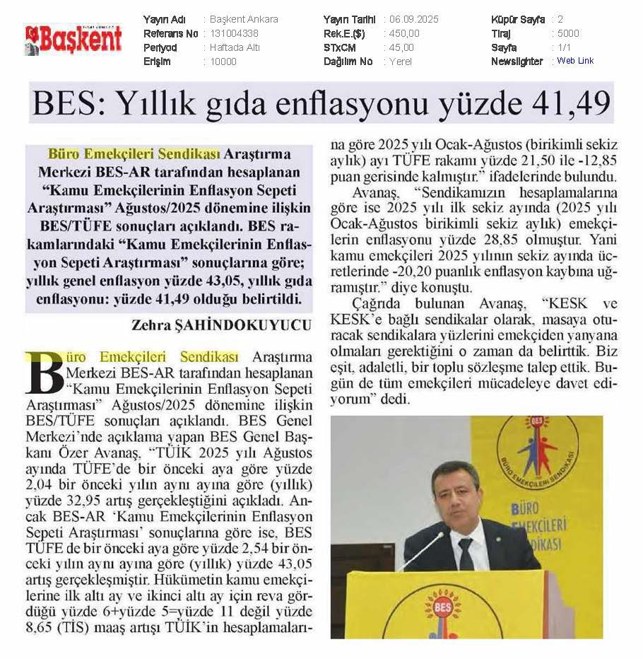 Büro Emekçileri Sendikası Araştırma Merkezi BES-AR tarafından hesaplanan "Kamu Emekçilerinin Enflasyon Sepeti Araştırması" Ağustos/2025 dönemine ilişkin BES/TÜFE sonuçları açıklandı...

#BESAR #ArtıkYeterGeçinemiyoruz #enflasyon #TÜİK #maaş #memur