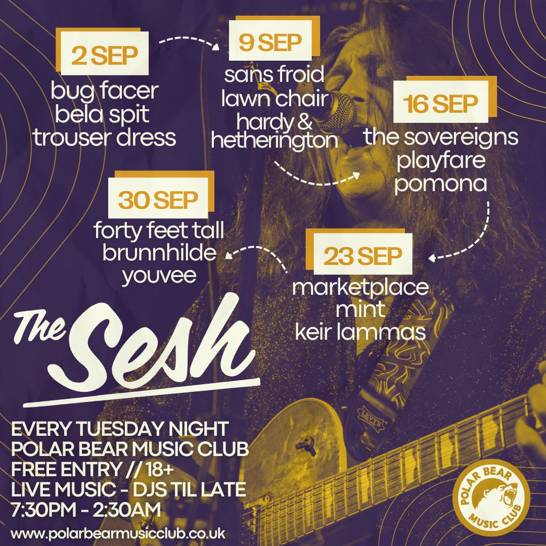 PolarBearRoars's tweet photo. T O N I G H T✨
The Sesh // Live Music Every Tuesday here at Polar Bear, #Hull
➳ free entry // 18+
➳ 7:30pm - 2:30am
➳ live music - pizza - djs til late
w/ Live music from #SansFroid + #LawnChair + #hardyandhetherington // + DJs til 2:30am!
https://t.co/NtanXtb5PB https://t.co/vu0QGQyWCz