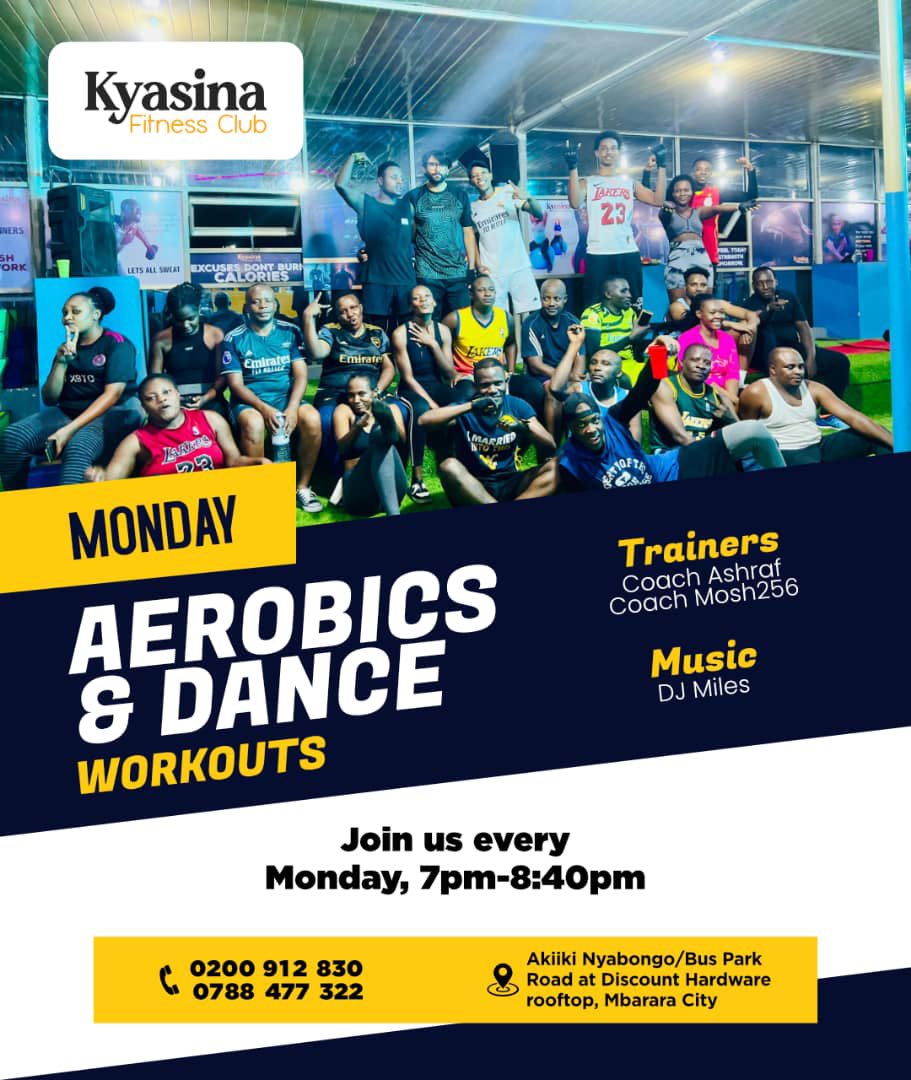 "New week, new energy! 🔥💃 Don't miss the fire aerobics and dance workouts at #KyasinaFitnessClub on Bus Park Road, Mbarara city! 🕺 7pm-8:40pm for just 7k! 💪 See you there! 🎉"
Call +256200912830