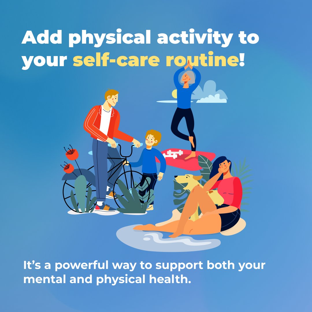 WHO_Europe's tweet photo. Have you ever considered physical activity as part of your self-care routine? 💆‍♀️

While relaxation and hobbies are important, incorporating movement offers a powerful way to support both mental and physical health. 

#GetActiveEurope #EveryMovementCounts #PhysicalActivity https://t.co/RVXqI13uB2