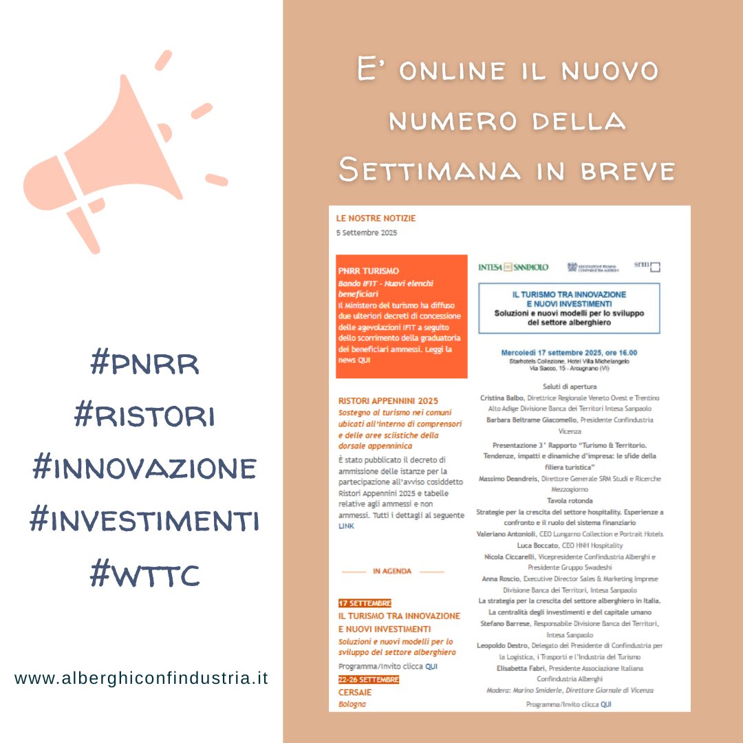 E' online il nuovo numero della Settimana in breve:
Leggi la SIB al seguente link
alberghiconfindustria.it/tema/news/noti…
#PNRR
#ristori
#Innovazione
#investimenti
#WTTC
