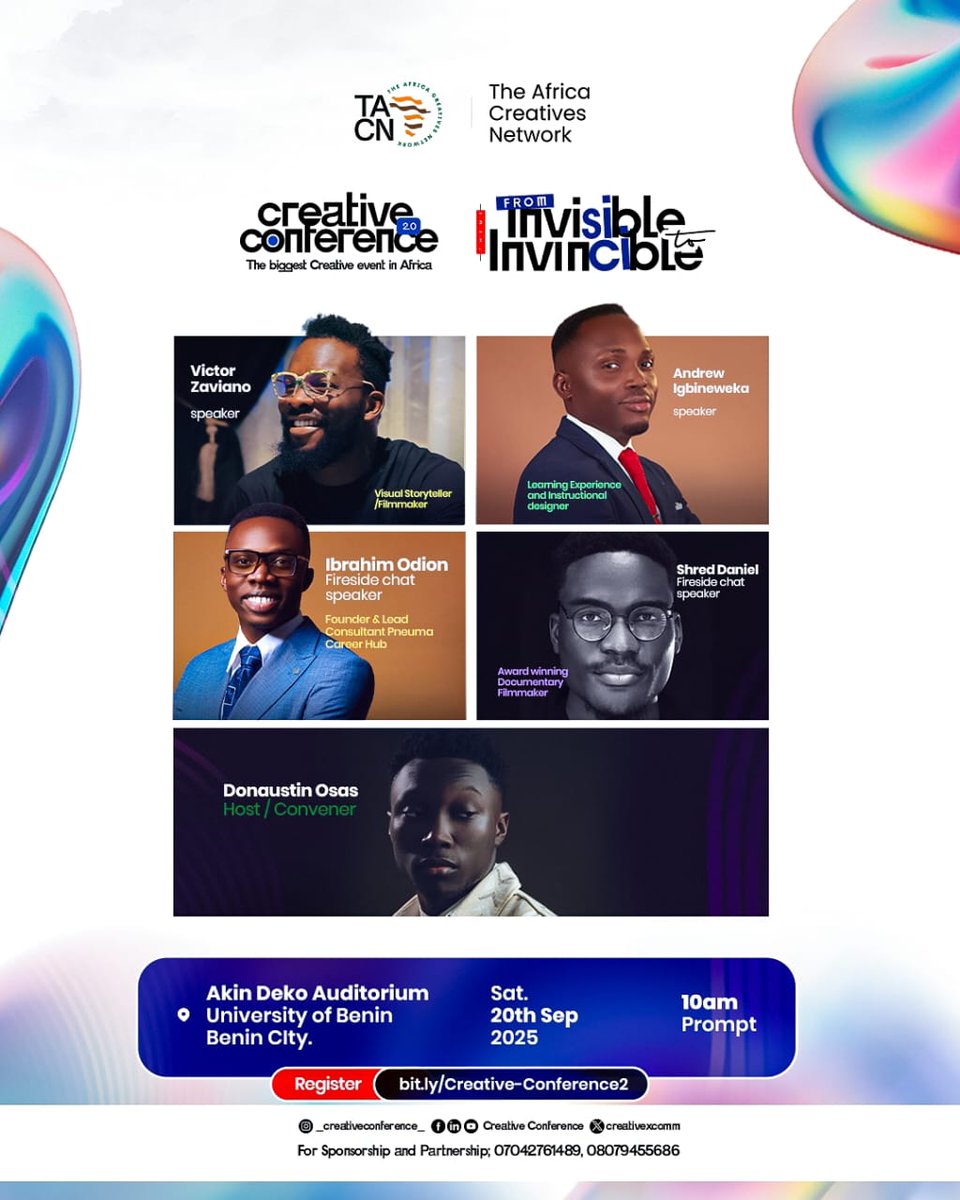 CreativeXComm's tweet image. These great speakers are not just coming to talk, they’re coming to ignite a movement. 🔥

📍 Akin Deko Auditorium, University of Benin
📅 Saturday 20th September, 2025 | ⏰ 10AM Promp

👉 Register now: bit.ly/Creative-Confe…

#creativeconference
