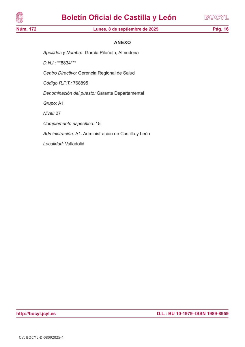 🏛 CONSEJERÍA DE SANIDAD

📰 ORDEN SAN/985/2025, de 28 de agosto, por la que se resuelve convocatoria pública para cubrir, mediante el sistema de libre designación, el puesto de trabajo que se cita.

📎 bocyl.jcyl.es/boletines/2025…
