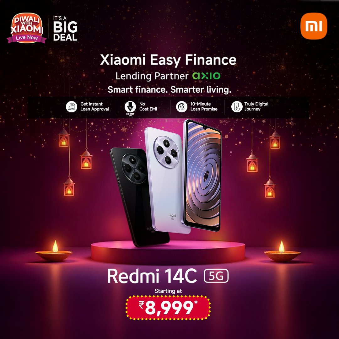 RedmiIndia's tweet photo. Big lights. Big smiles. Big upgrades.
With #XiaomiEasyFinance, bringing home the #Redmi14C 5G is simpler than ever.
This festive season, big deals meet bigger celebrations. https://t.co/P2FyAo4Z22