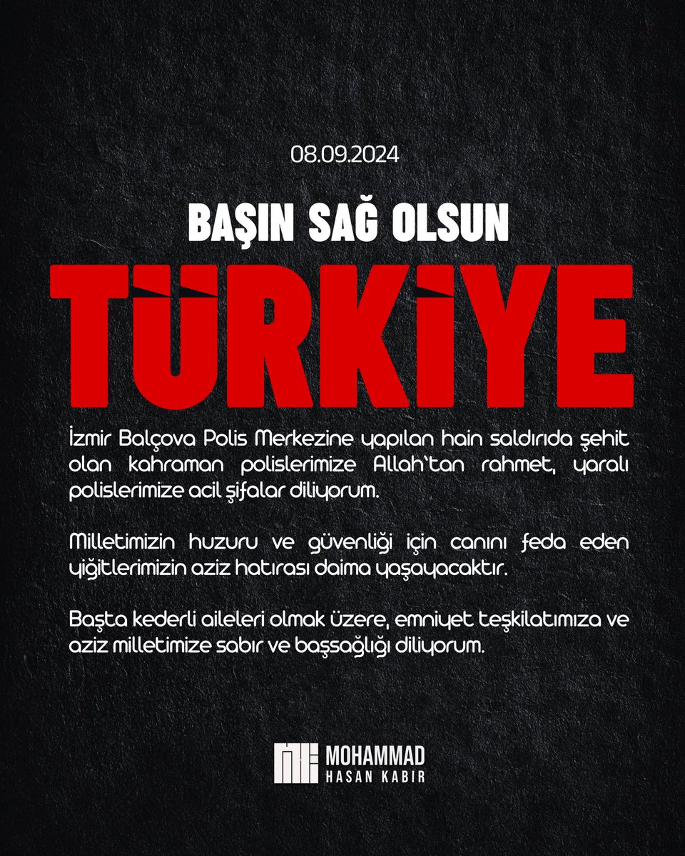 İzmir Balçova Polis Merkezine yapılan hain saldırıda şehit olan kahraman polislerimize Allah’tan rahmet, yaralı polislerimize acil şifalar diliyorum.

Milletimizin huzuru ve güvenliği için canını feda eden yiğitlerimizin aziz hatırası daima yaşayacaktır.

Başta kederli aileleri