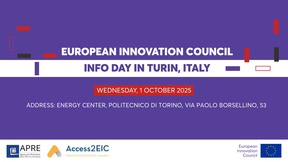 apre_it's tweet photo. 🆕 EVENTO | European Innovation Council Info day 2025

📢 #APRE, in collaborazione con l’@EUeic, organizza, nell’ambito dell’@italiantechweek, l’Info day #EUeic 2025

📅 1/10
⏰ 14:00-19:00
📍 Auditorium Energy Center @PoliTOnews

Registrati e partecipa 👉 https://t.co/SfYvDh64lP https://t.co/QzklRNkkMj