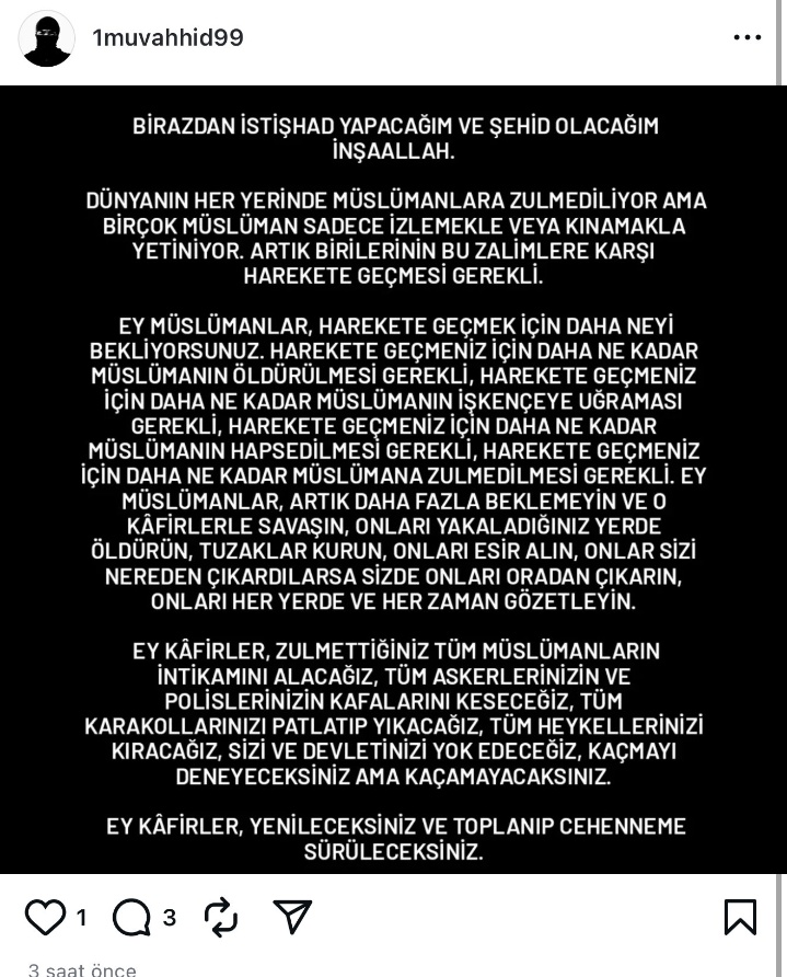 İzmir Balçova'da #saldırı yapan şahsın paylaşımı

"heykellerinizi yıkacağız"

Bu ülkede Atatürk ile sorunu olup Atatürk heykellerine saldıranlar ve put diye tabir edenler. Bu suçun ortaklarıdır. 

Savcılar evvela bu ithamları yapanlardan başlamalıdır.