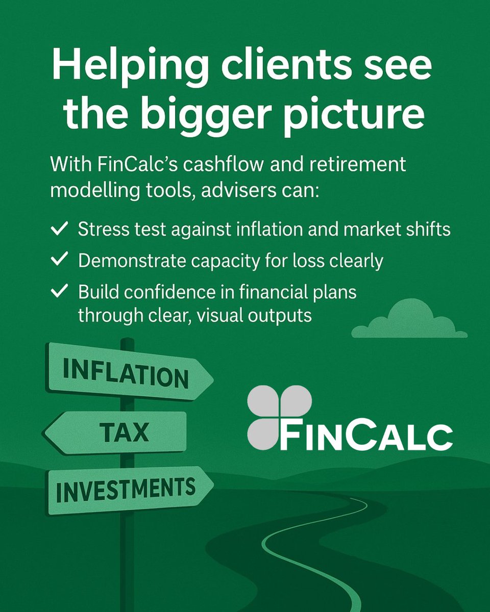 📊 Helping clients see the bigger picture

With FinCalc’s #cashflow &amp; retirement modelling tools, advisers can:

 ✔️ Stress test against inflation and market shifts
 ✔️ Demonstrate capacity for loss clearly
 ✔️ Build confidence in financial plans through clear, visual outputs