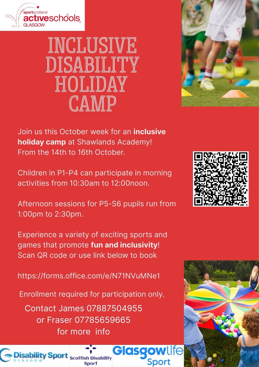 Neal Fowler (@asg_strochs) on Twitter photo Fantastic opportunity to attend our FREE
Inclusive Disability October Holiday Camp
Hosted at Shawlands Academy😀
scan QR code on poster or use link below to sign up
forms.office.com/e/N71NVuMNe1?o…
<a href="/SaintRochsPS/">Saint Roch's Primary & Deaf School</a> <a href="/StMartinsPSGCC/">St Martin’s Primary School</a> <a href="/strochsec_dde/">St Roch's Secondary DDE</a> Fantastic opportunity to attend our FREE
Inclusive Disability October Holiday Camp
Hosted at Shawlands Academy😀
scan QR code on poster or use link below to sign up
forms.office.com/e/N71NVuMNe1?o…
<a href="/SaintRochsPS/">Saint Roch's Primary & Deaf School</a> <a href="/StMartinsPSGCC/">St Martin’s Primary School</a> <a href="/strochsec_dde/">St Roch's Secondary DDE</a>