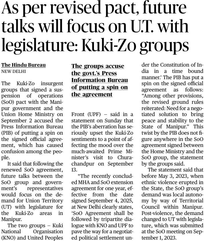 #Manipur:
The renewed SoO pact rightly emphasizes that future dialogues must focus on the demand for Union Territory with legislature for the Kuki-Zo areas of Manipur. This is not only a fair reflection of the Kuki-Zo people’s aspirations but also a necessary step toward