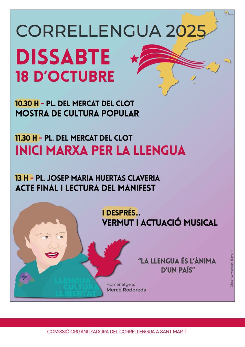 ⚠️ Fem públic el cartell pel #Correllengua d'enguany a Sant Martí ⚠️

📆 DISSABTE #18Oct
📍 Inici: pl. del Mercat del Clot 
🕤 10:30

Entitats, adheriu-vos aquí ⬇️ forms.gle/gLAy8xV6zrKKAE…

Als barris de Sant Martí, ens movem pel català! 🚶🏾‍♀️‍➡️🚶🏼‍♂️‍➡️🚶‍➡️
#Correllengua2025
