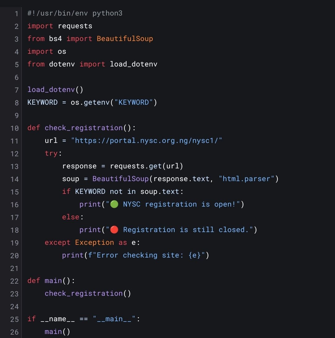CtrlAlt_Byte's tweet image. Got tired of visiting the NYSC Portal to check for open registration. Besides there was the chance I'll miss it again. So I created a script, deployed a Cron job to check once every 60 minutes in my place. If registrations are open, I'll receive both email and WhatsApp messages🙂