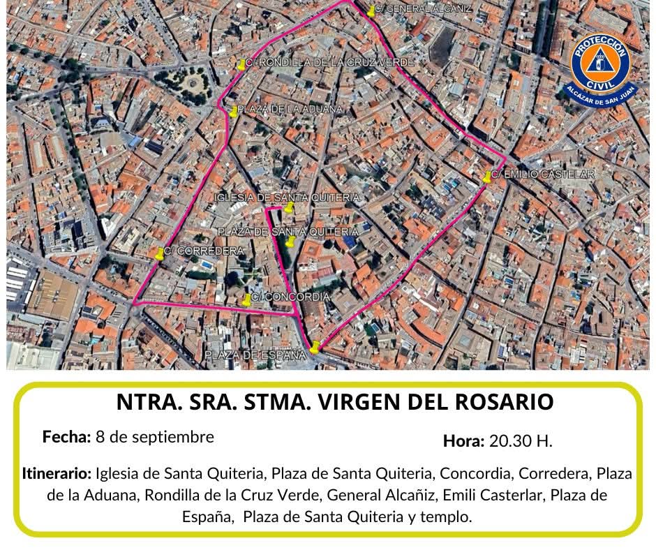 ITINERARIO DESFILE PROCESIONAL NTRA. SRA. STMA. VIRGEN DEL ROSARIO 

Les dejamos itinerario de la procesión. Tenga en cuenta que existirán cortes de tráfico al paso de la misma. Prevea itinerarios alternativos y respete la señalización circunstancial.
#EsAlcázar #AlcázardeSanJuan