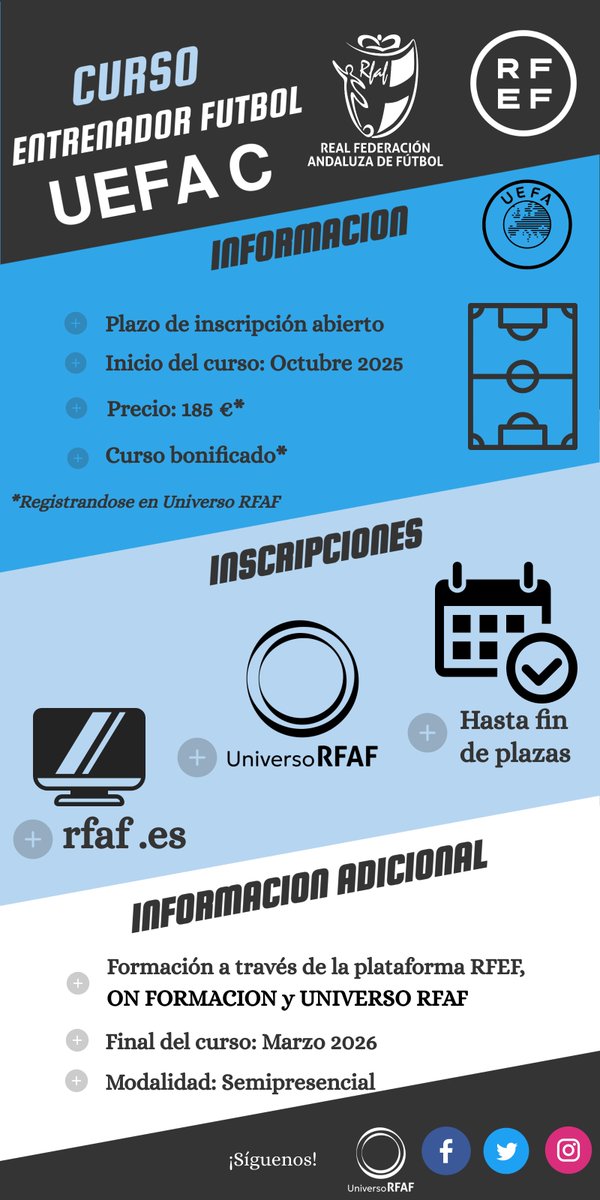 <a href="/RFAF/">RFAF</a>  | BONIFICACIONES
🔋Real Federación Andaluza de Fútbol #universorfaf

⚽️C𝗼𝗻𝘃o𝗰𝗮𝘁o𝗿𝗶𝗮s

📷Cursos federativos: #UEFAA, #UEFAB y #UEFAC de #fútbol y Nacional C de #futsal

rfaf.es/pnfg/NNws_ShwN…