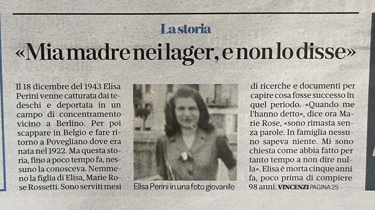Su <a href="/larenait/">L'Arena</a> di oggi la storia racconta di Elisa Perini poveglianese (VR) deportata nel 1943 in un campo di concentramento vicino a Berlino. La vicenda è stata rivelata di recente dopo la sua morte da delle ricerche storiche. Nessuno la conosceva, nemmeno la figlia <a href="/MassimoCirri/">Massimo Cirri</a>