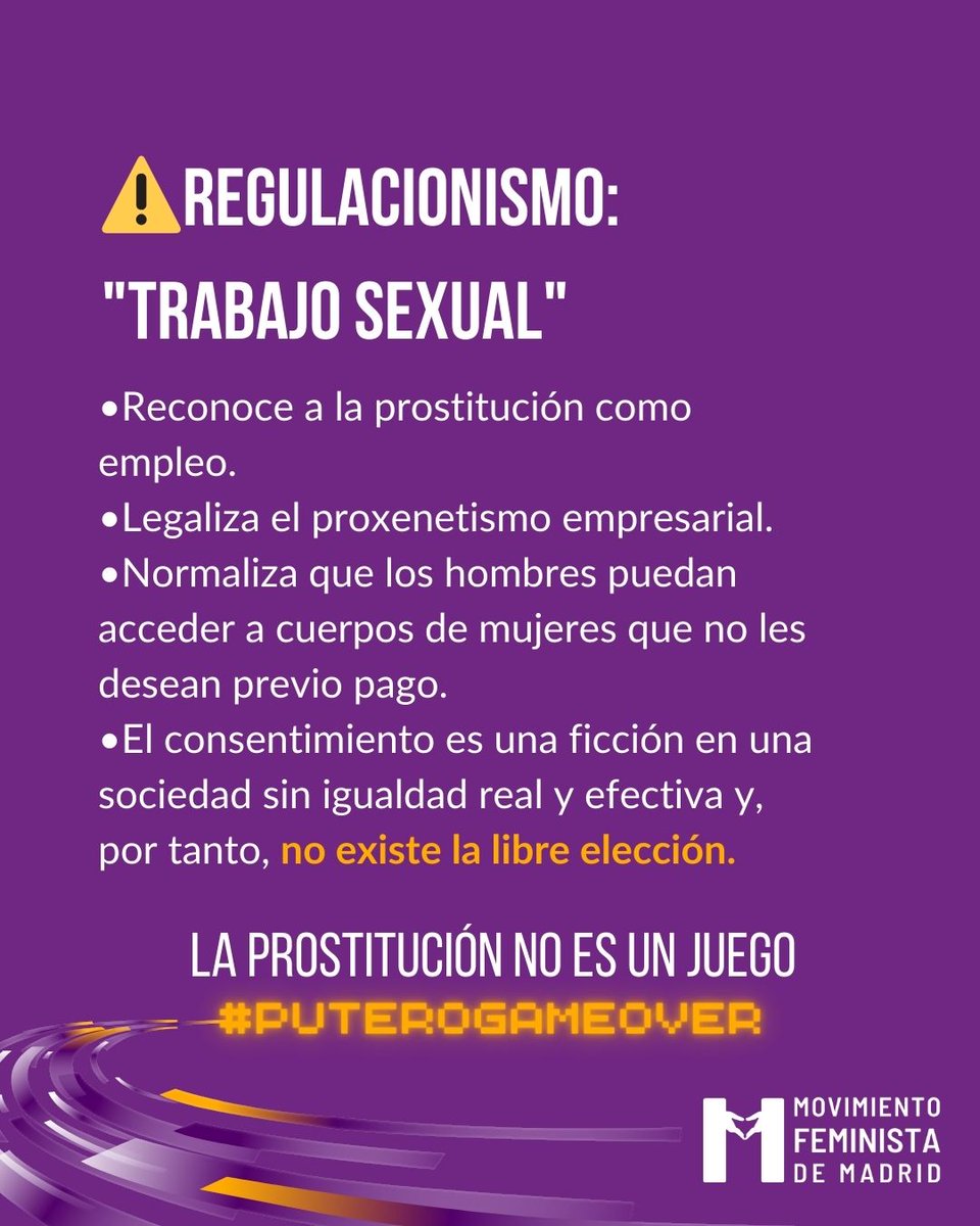 ❌ El prohibicionismo castiga a las mujeres y las deja más expuestas.
⚠️ El regulacionismo de la prostitución convierte la desigualdad en un negocio “legalizado” y normaliza una sociedad que cosifica y violenta a las mujeres.
#PuteroGameOver
#LeyAbolicionistaYa
#LOASPSeráLey
⤵️
