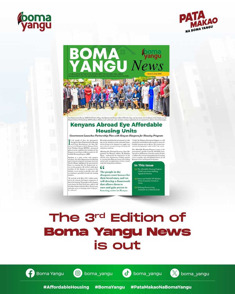 boma_yangu's tweet photo. We are happy to share that the third edition of Boma Yangu News is out! Top highlights in this issue:
• Kenyans abroad eye affordable housing units
• Over 4,000 new homes bring the dream of dignified living closer
• A Ksh. 345 million modern fish market opens in Homa Bay
Download a copy here and enjoy the read: https://t.co/4WobDLnmwd
#AffordableHousing #BomaYangu #PataMakaoNaBomaYangu