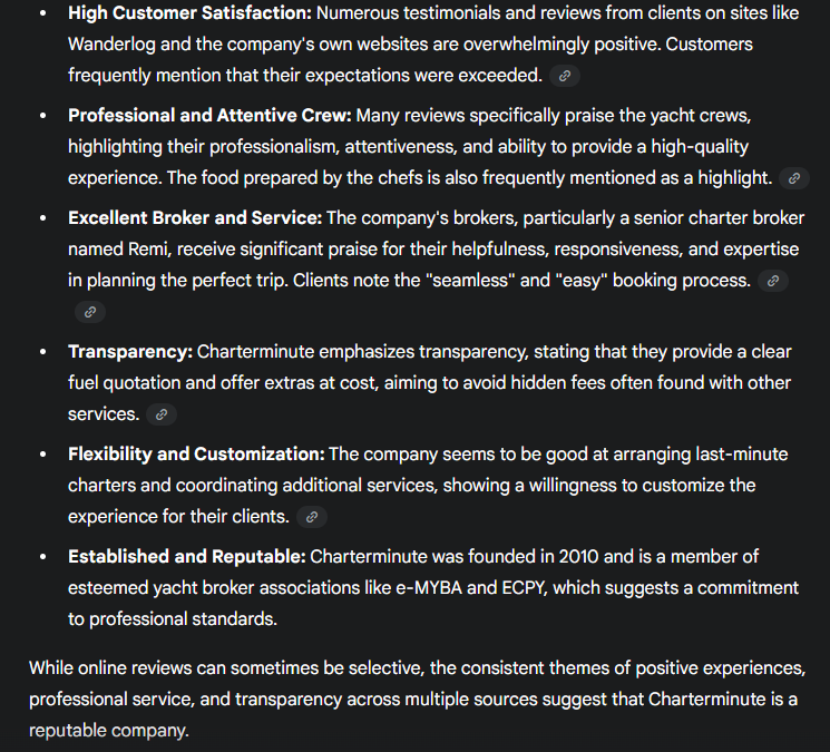 Charterminute's tweet photo. Google Gemini: is Charterminute a good charter company? https://t.co/IuolysbDIG