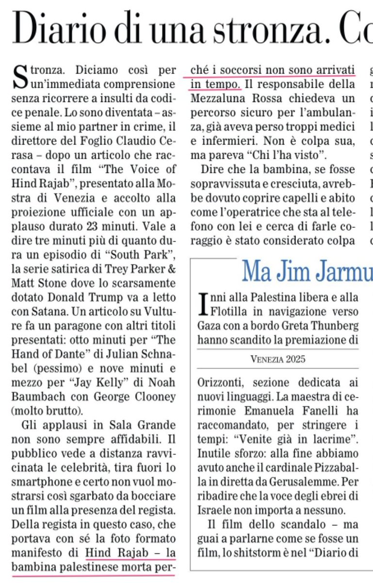 Cara Mancuso, Hindi Rjab non morì perchè gli aiuti non arrivarono in tempo. Hindi Rjab fu crivellata da 335 colpi dell'esercito nazista israeliano con i corpi carbonizzati dei soccorritori della Mezzaluna rossa a pochi metri dall'auto. A chiamarti stronza ti si fa un complimento